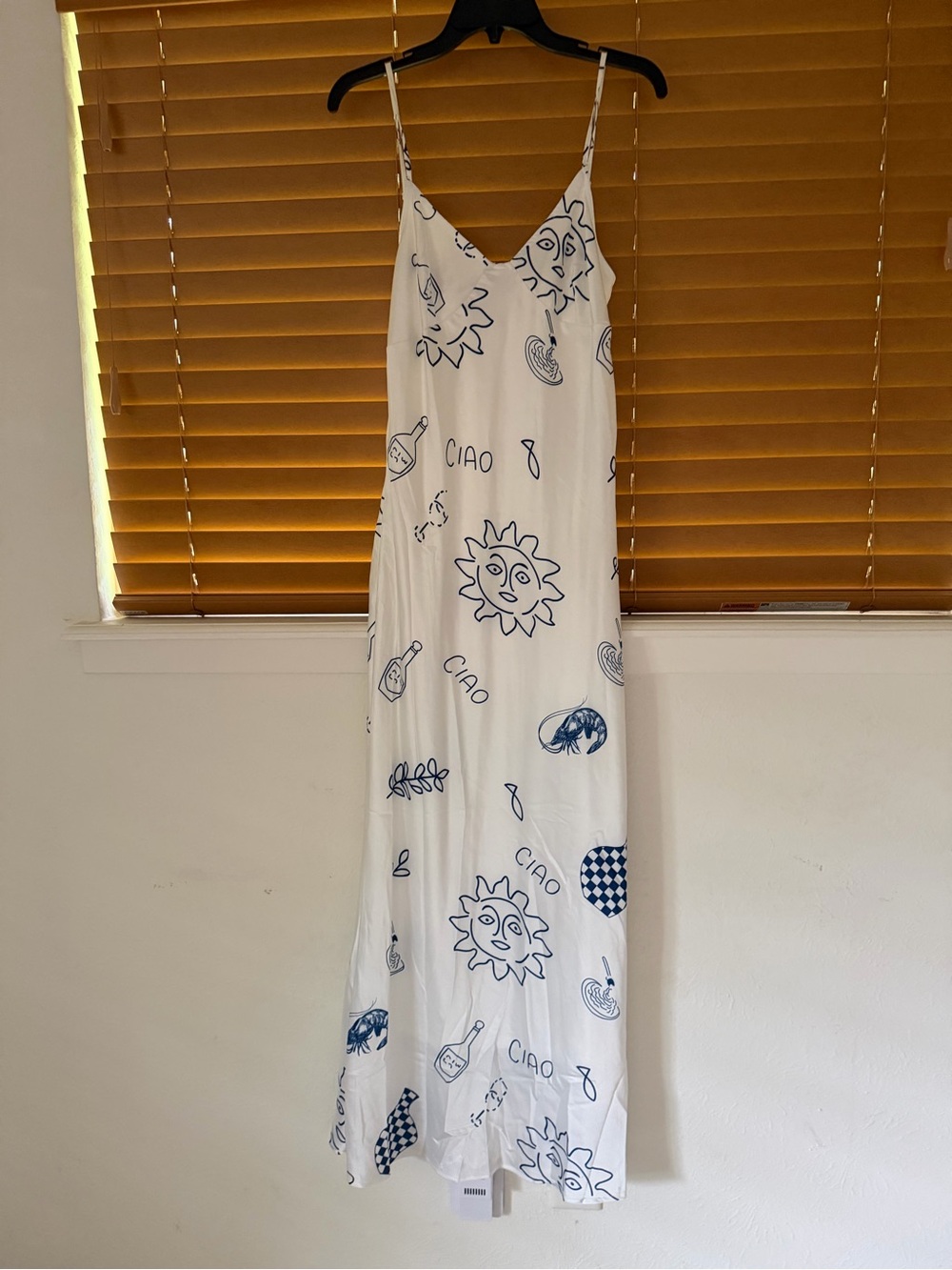 European Summer White Slip Dress with Blue Sun & Doodle Print
